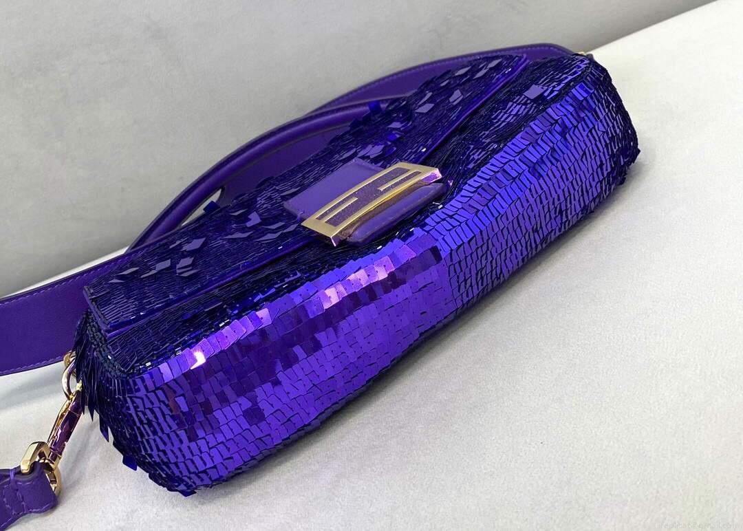 Fendi 8BR792 Medium Baguette 1997 Purple Satin Bag with Sequins 0127L