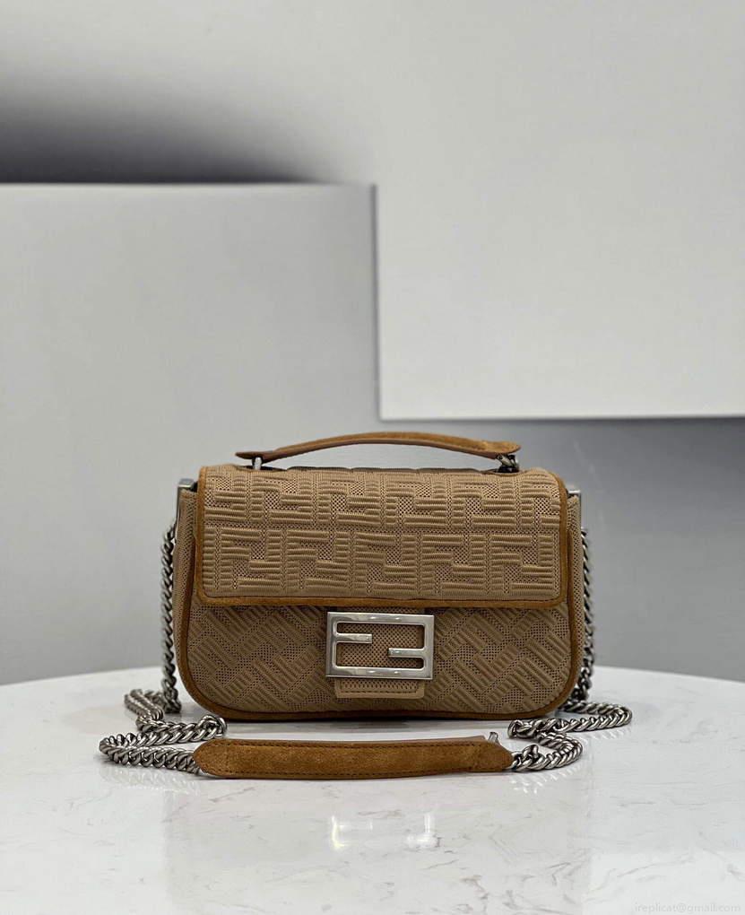 Fendi 8BR793 Midi Baguette Chain FF Fabric Bag Beige
