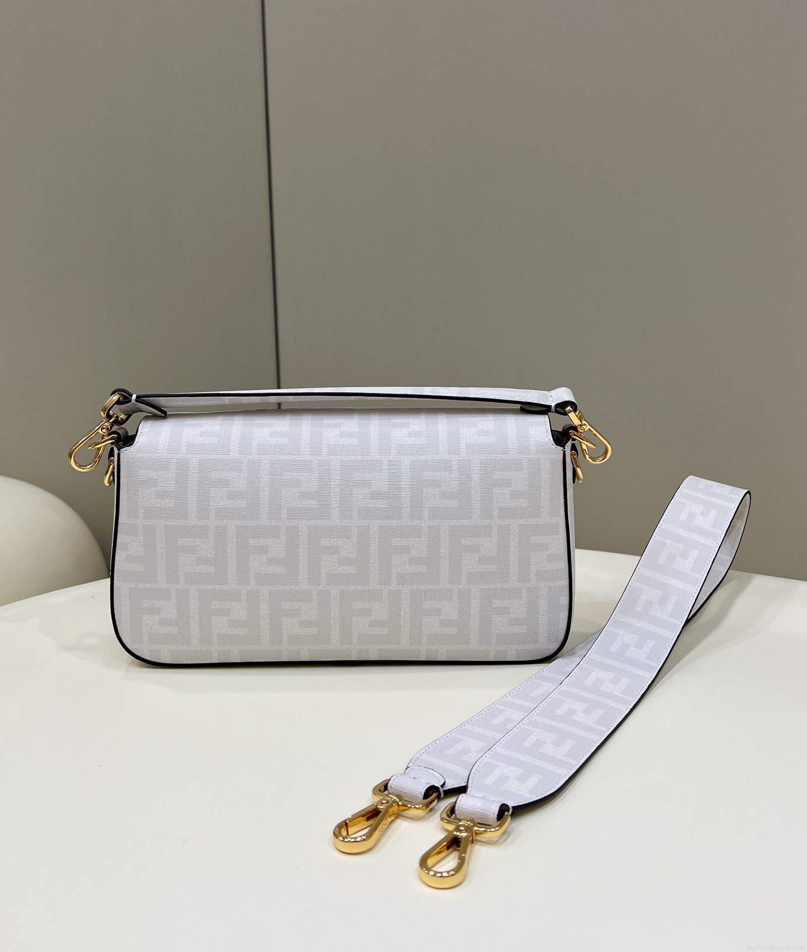 Fendi 8BR600 Baguette FF White Glazed Fabric Bag With Inlay