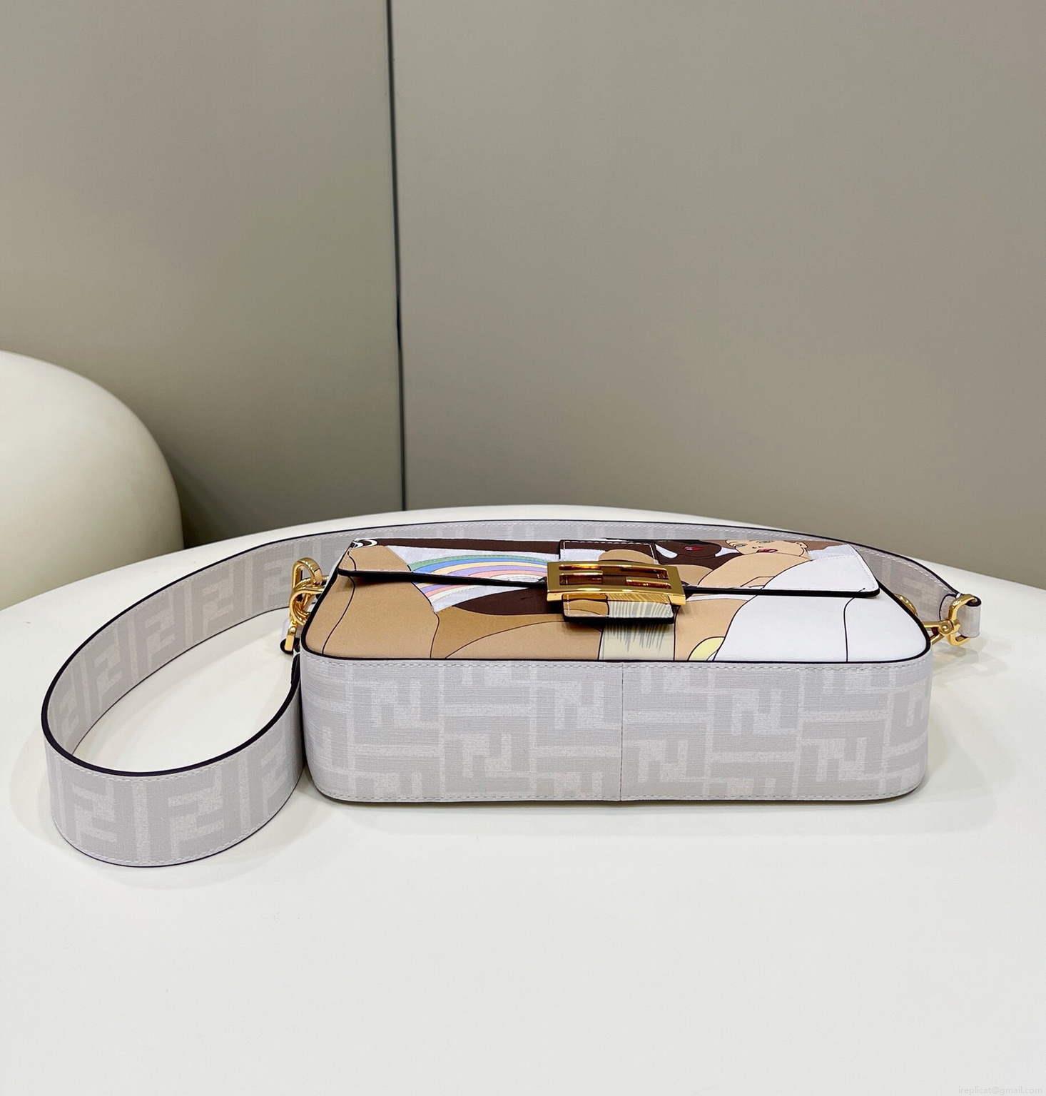 Fendi 8BR600 Baguette FF White Glazed Fabric Bag With Inlay