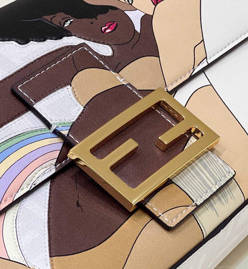 Fendi 8BR600 Baguette FF White Glazed Fabric Bag With Inlay