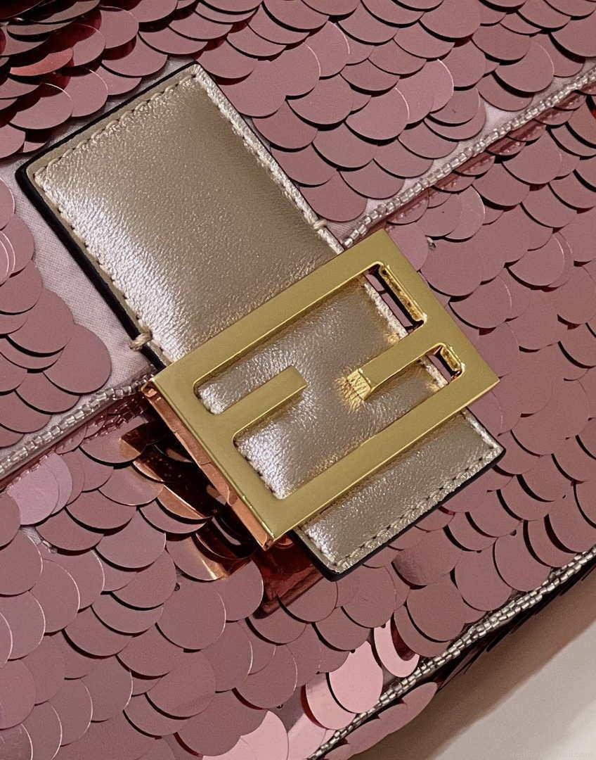 Fendi 8BR792 Medium Baguette 1997 Rose Red Satin Bag with Sequins 8528