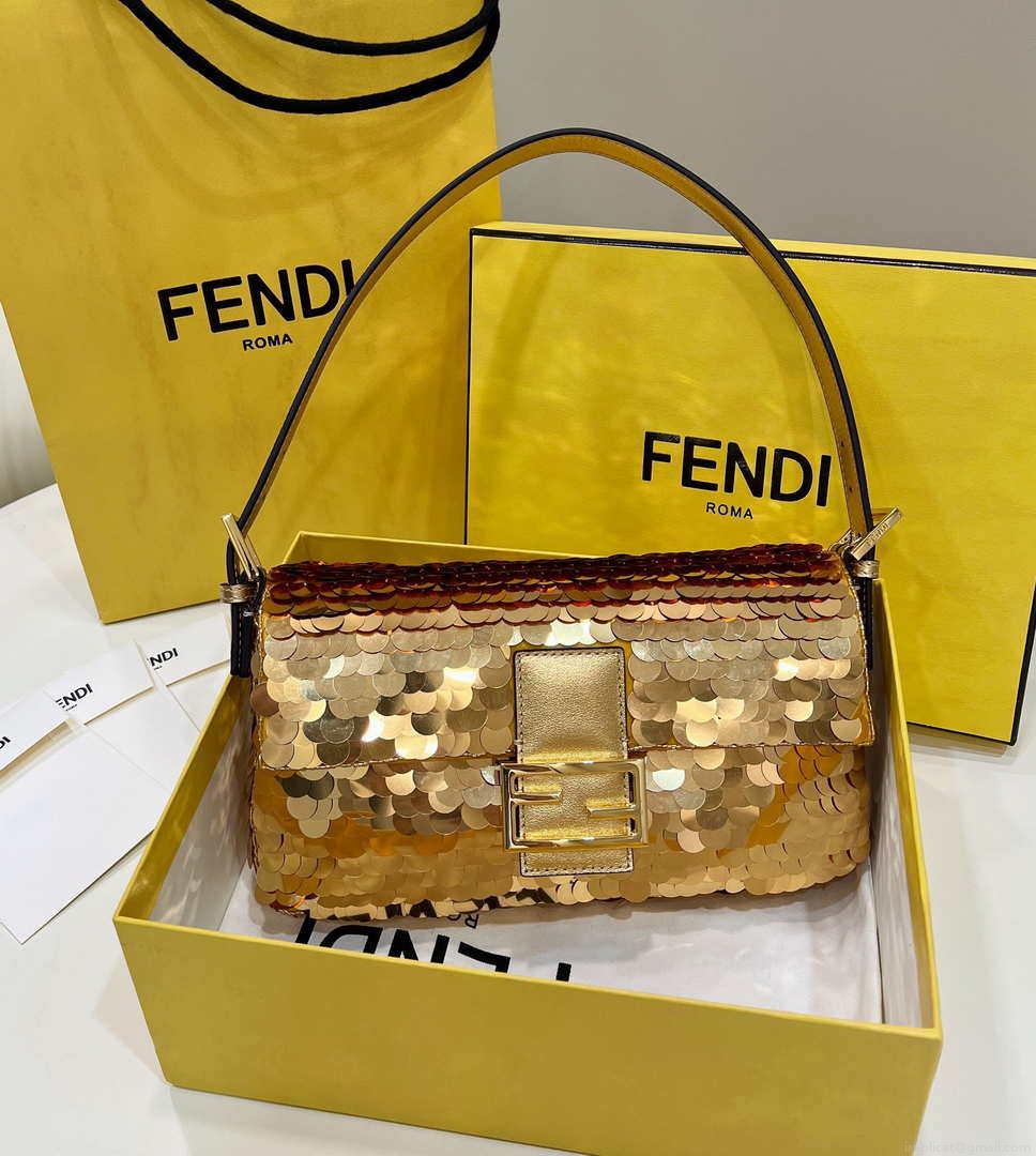 Fendi 8BR792 Medium Baguette 1997 Gold Satin Bag with Sequins 8528
