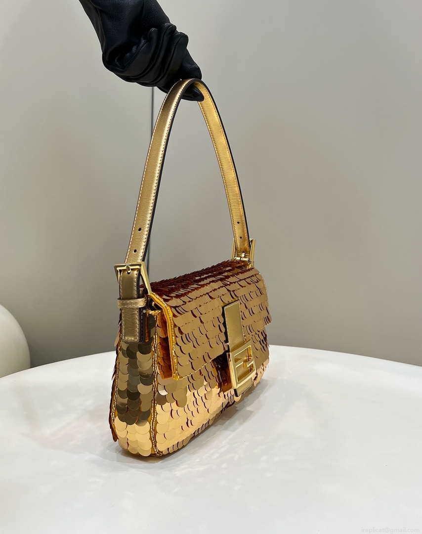 Fendi 8BR792 Medium Baguette 1997 Gold Satin Bag with Sequins 8528