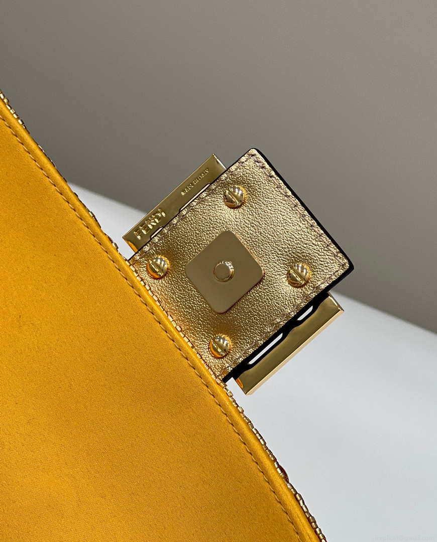 Fendi 8BR792 Medium Baguette 1997 Gold Satin Bag with Sequins 8528