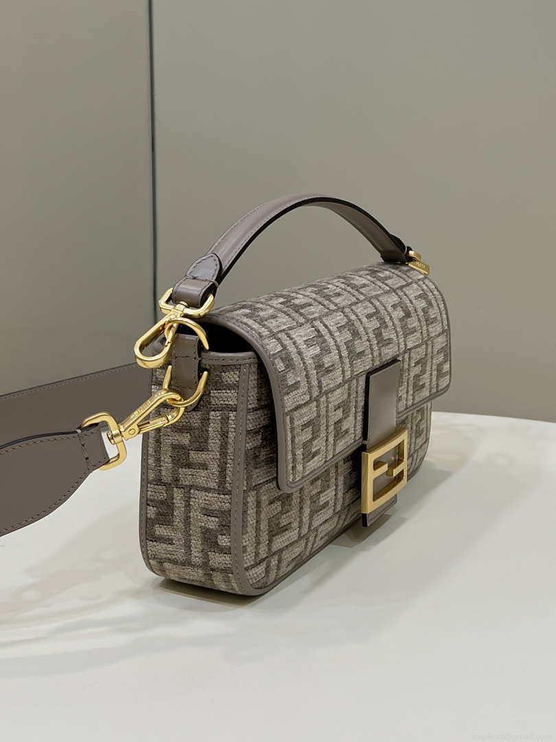 Fendi 8BR600 Baguette Chain Midi Dove gray FF tapestry fabric bag 8579