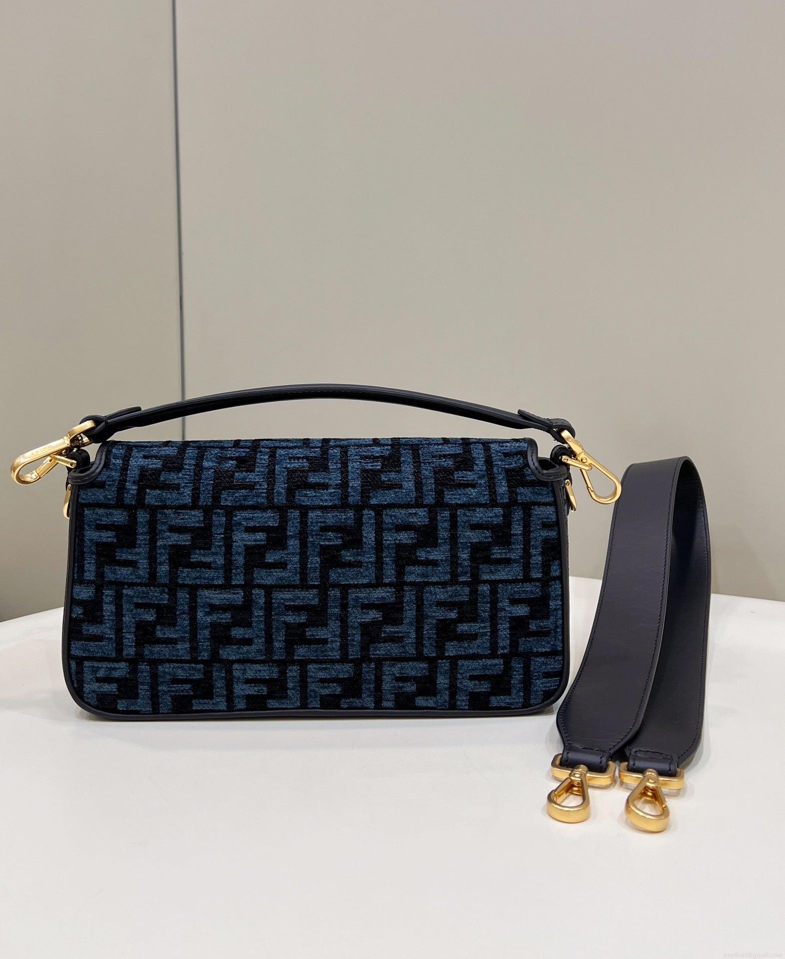 Fendi 8BR600 Baguette Chain Midi Navy Blue FF tapestry fabric bag 8579