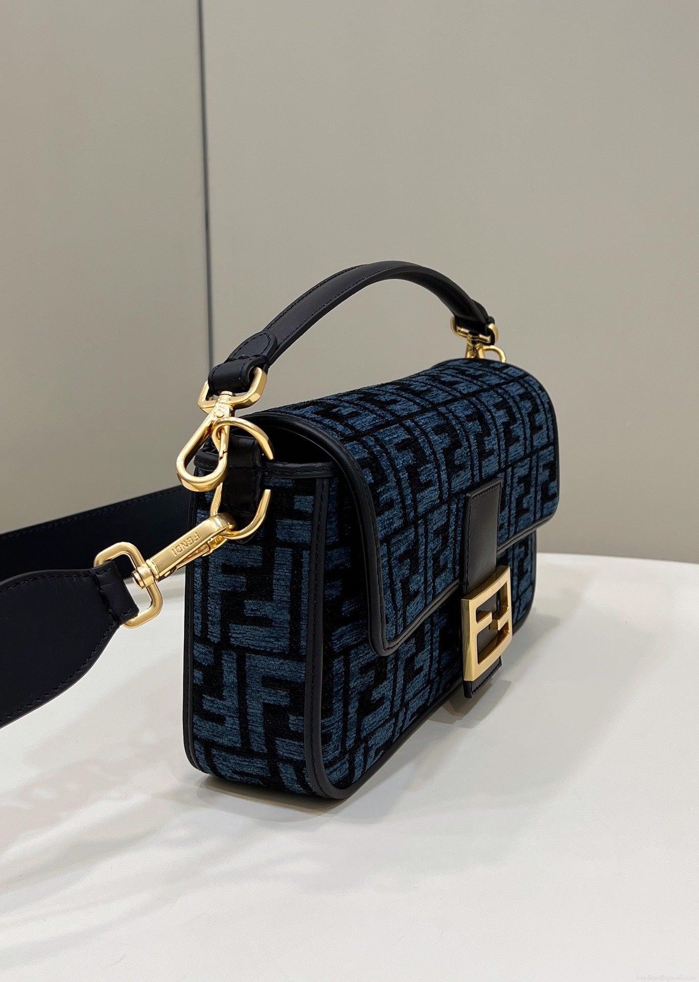 Fendi 8BR600 Baguette Chain Midi Navy Blue FF tapestry fabric bag 8579