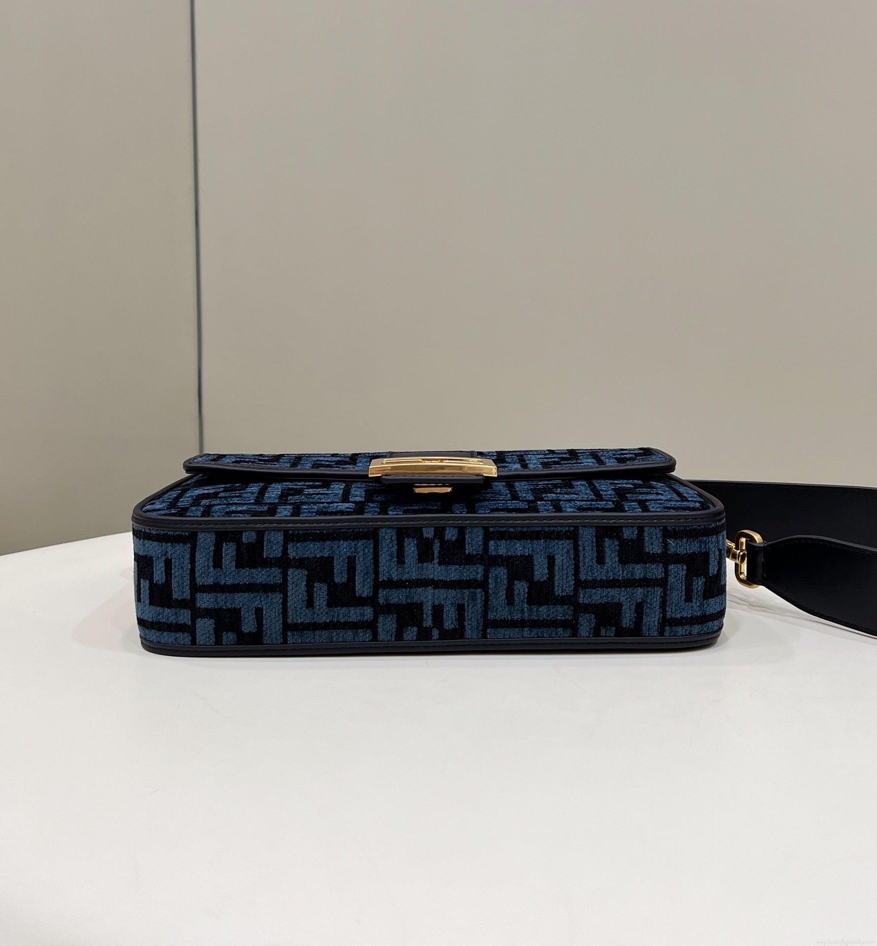 Fendi 8BR600 Baguette Chain Midi Navy Blue FF tapestry fabric bag 8579