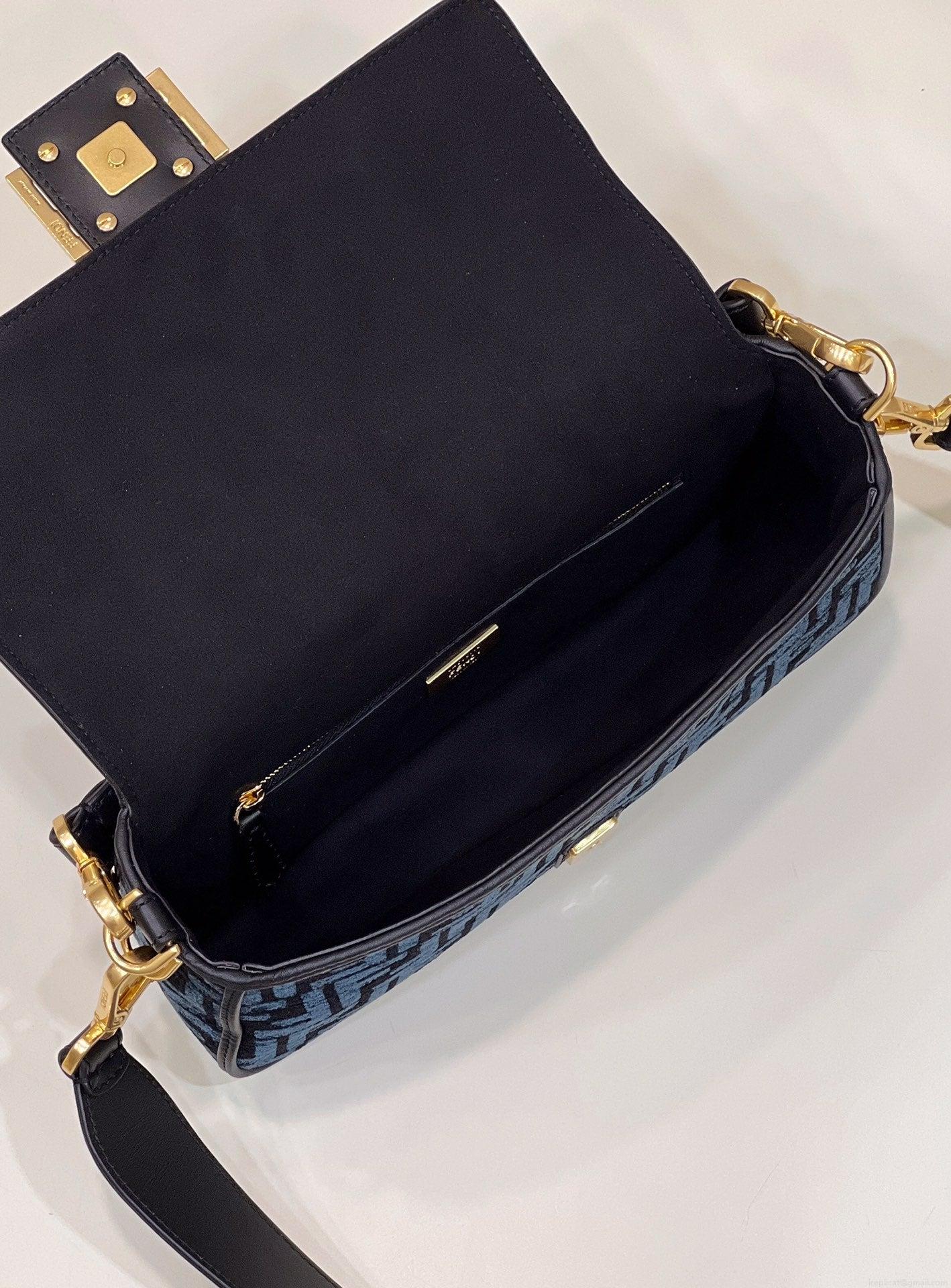 Fendi 8BR600 Baguette Chain Midi Navy Blue FF tapestry fabric bag 8579
