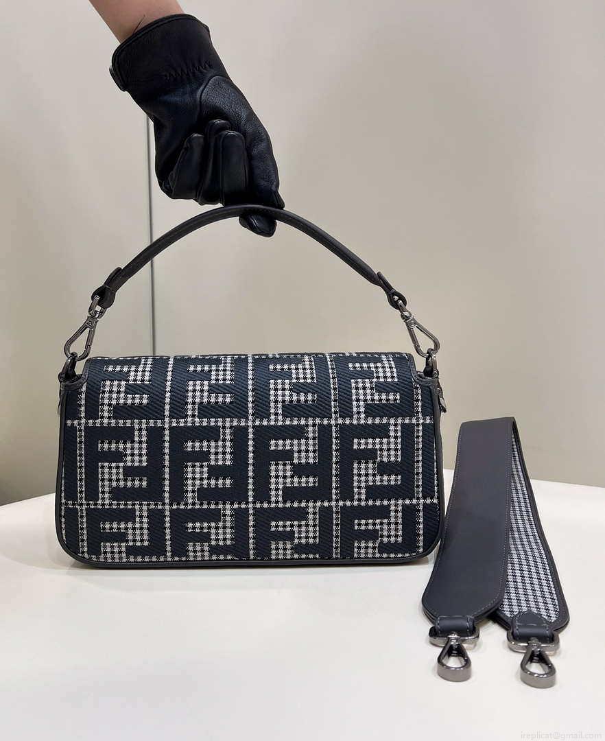Fendi 8BR600 Baguette Gray houndstooth wool bag with FF embroidery