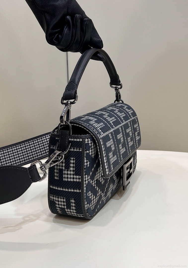Fendi 8BR600 Baguette Gray houndstooth wool bag with FF embroidery