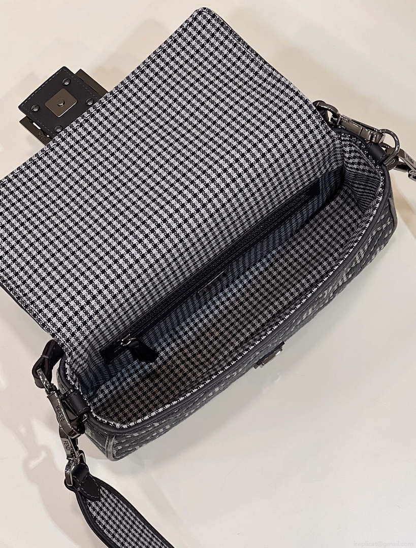 Fendi 8BR600 Baguette Gray houndstooth wool bag with FF embroidery