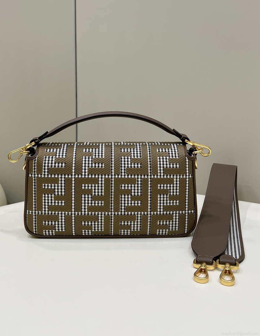 Fendi 8BR600 Baguette Brown houndstooth wool bag with FF embroidery