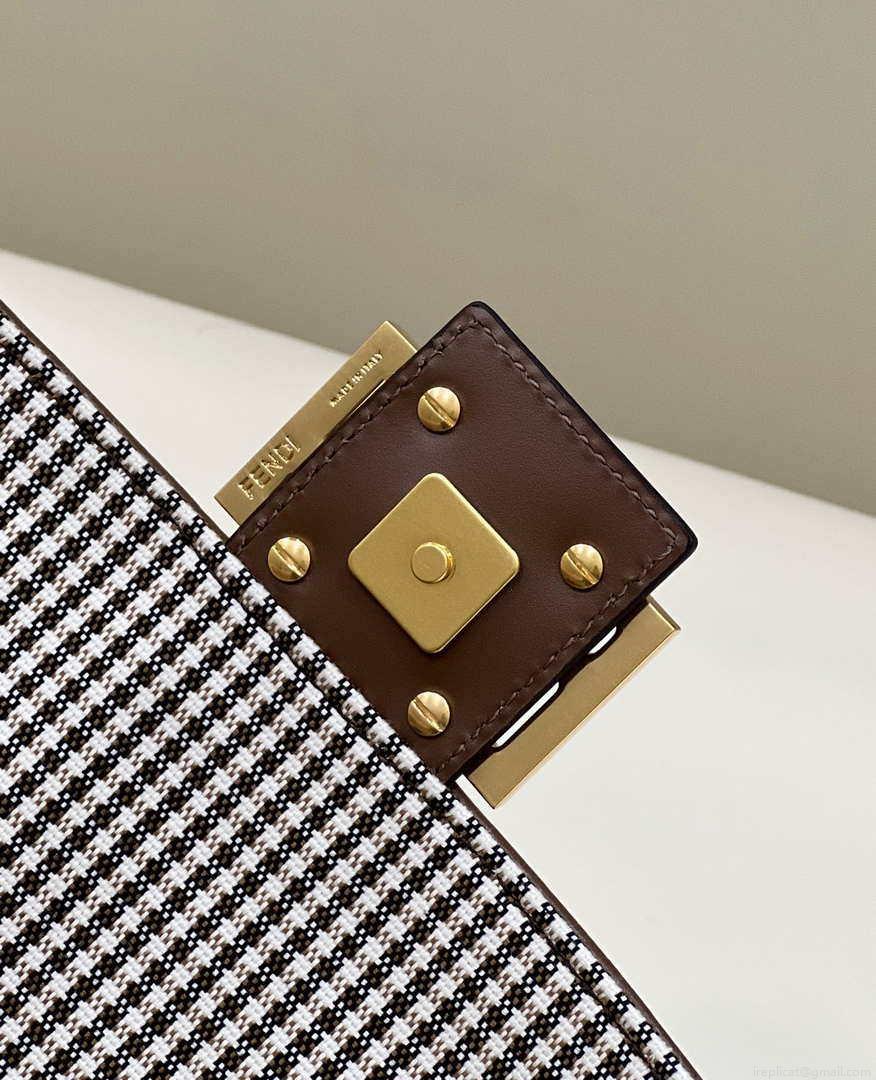 Fendi 8BR600 Baguette Brown houndstooth wool bag with FF embroidery