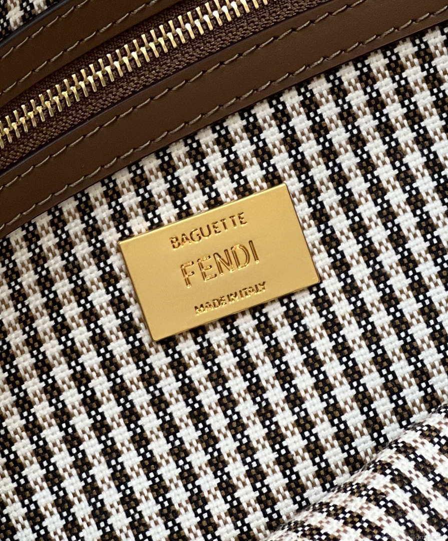 Fendi 8BR600 Baguette Brown houndstooth wool bag with FF embroidery