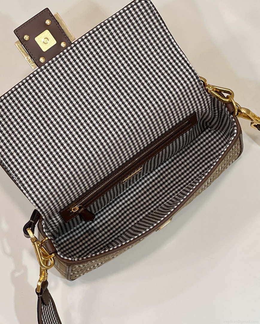 Fendi 8BR600 Baguette Brown houndstooth wool bag with FF embroidery