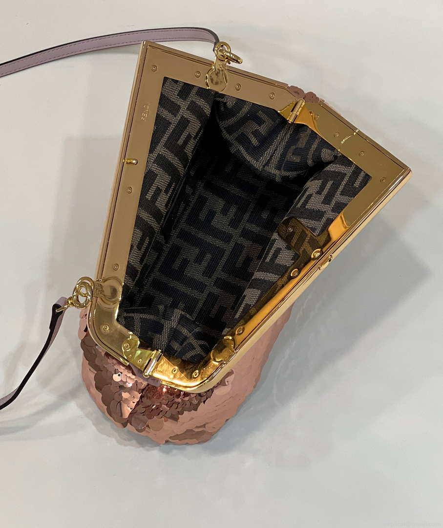 Fendi 8BP129 Fendi First Small Rose Red Gold-colored leather and sequinned bag 80066