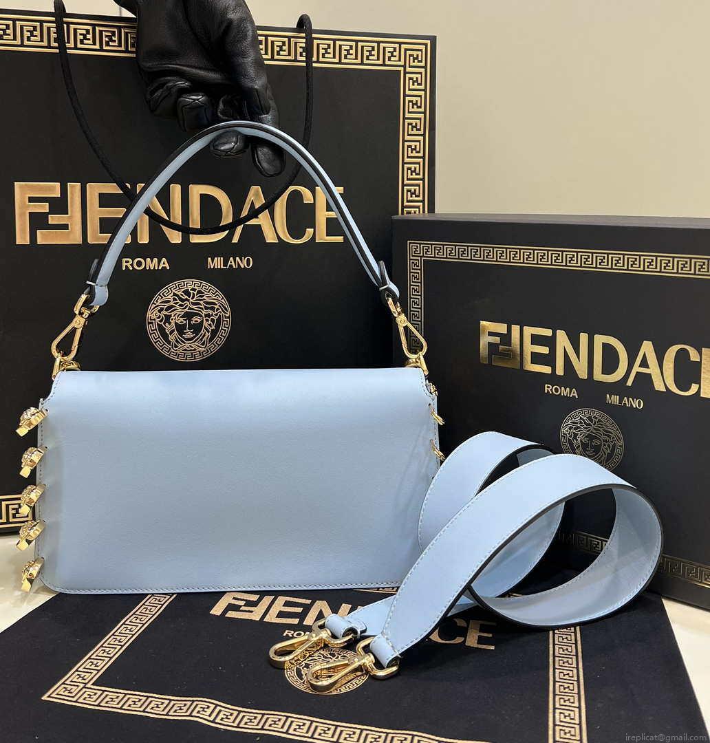 Fendi 8BR801 Baguette brooch Fendace Blue leather 8563 bag