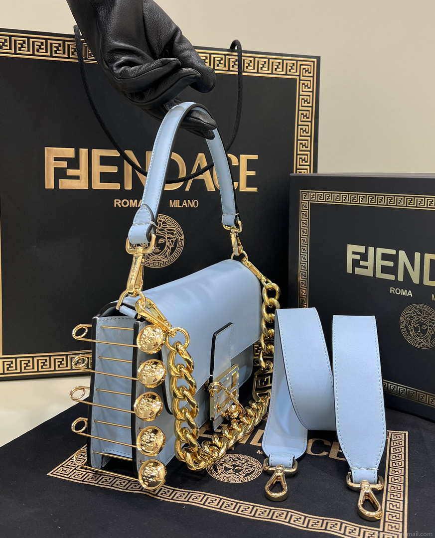 Fendi 8BR801 Baguette brooch Fendace Blue leather 8563 bag