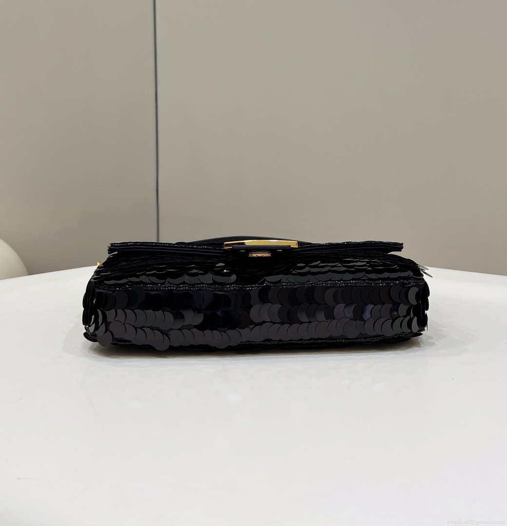 Fendi 8BR792 Medium Baguette 1997 Black Satin Bag with Sequins 8528
