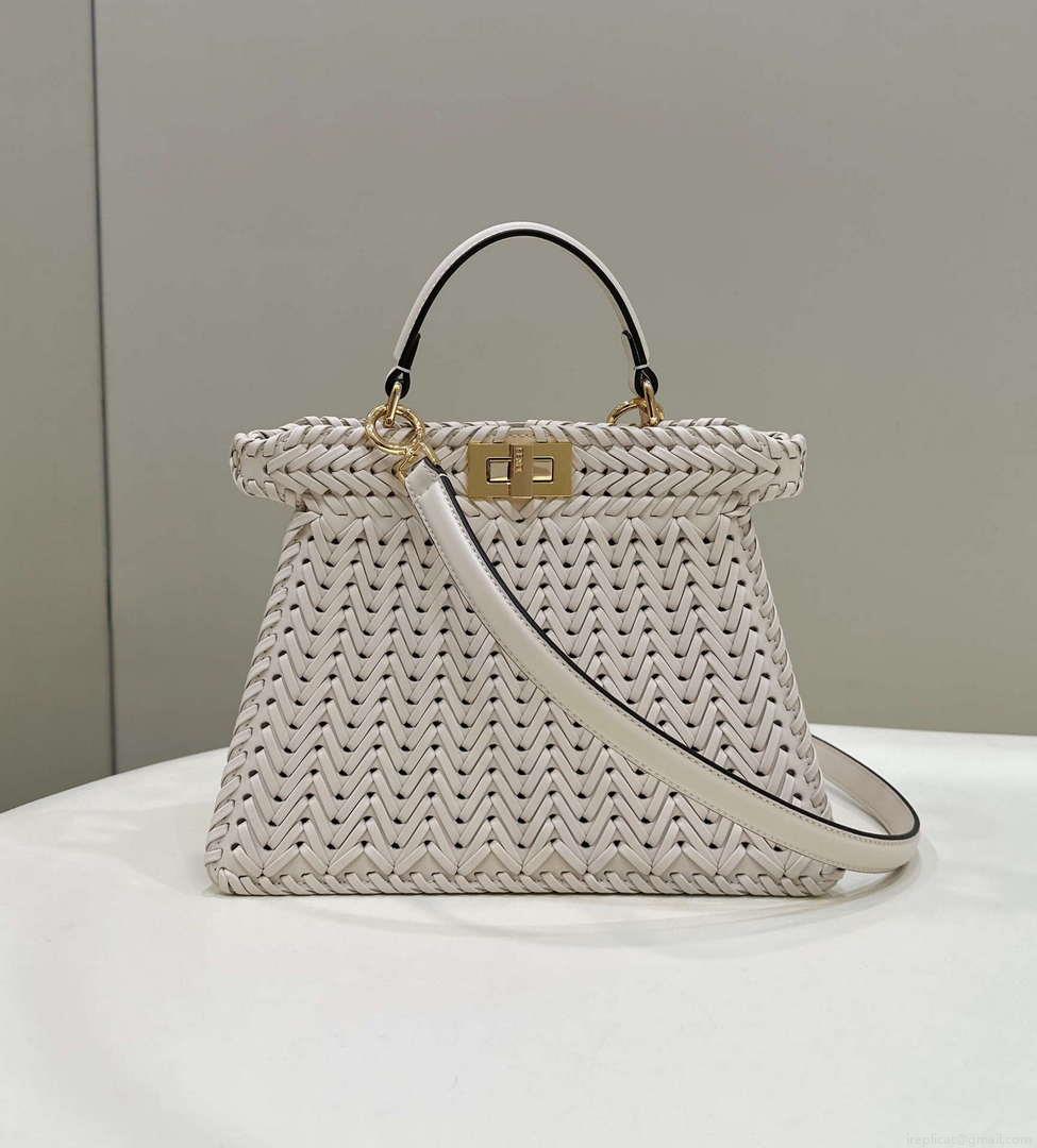 Fendi 8BN327 Peekaboo ISeeU Small Beige interlace leather bag 80138M