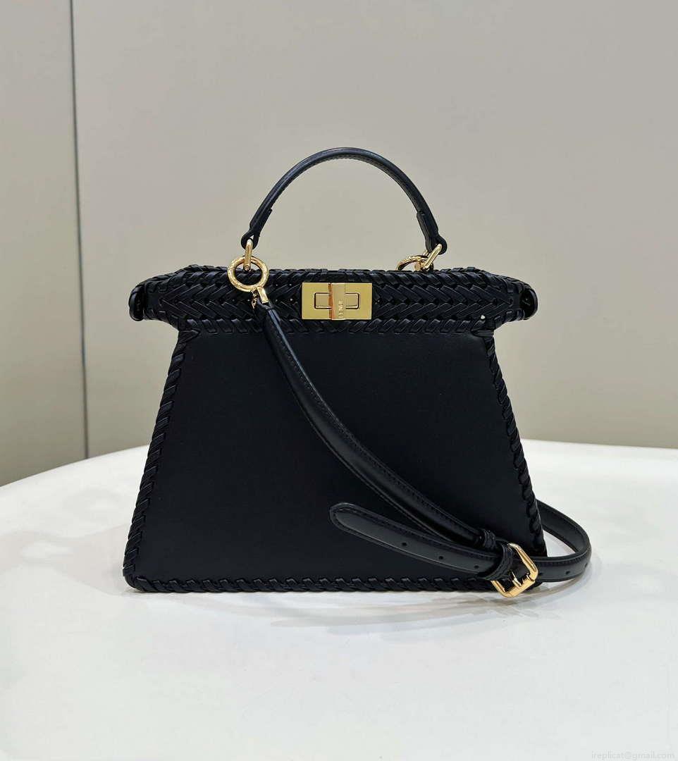 Fendi 8BN327 Peekaboo ISeeU Small Black interlace leather bag 80138M