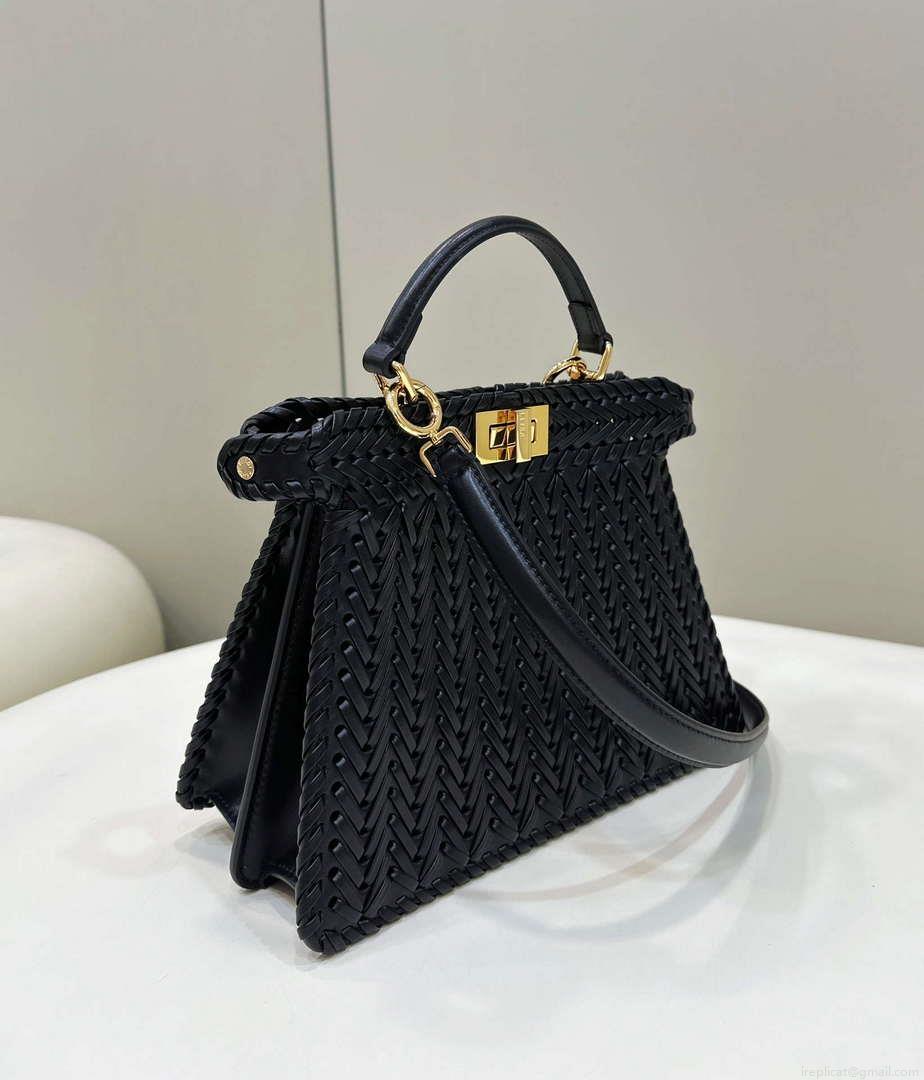 Fendi 8BN327 Peekaboo ISeeU Small Black interlace leather bag 80138M