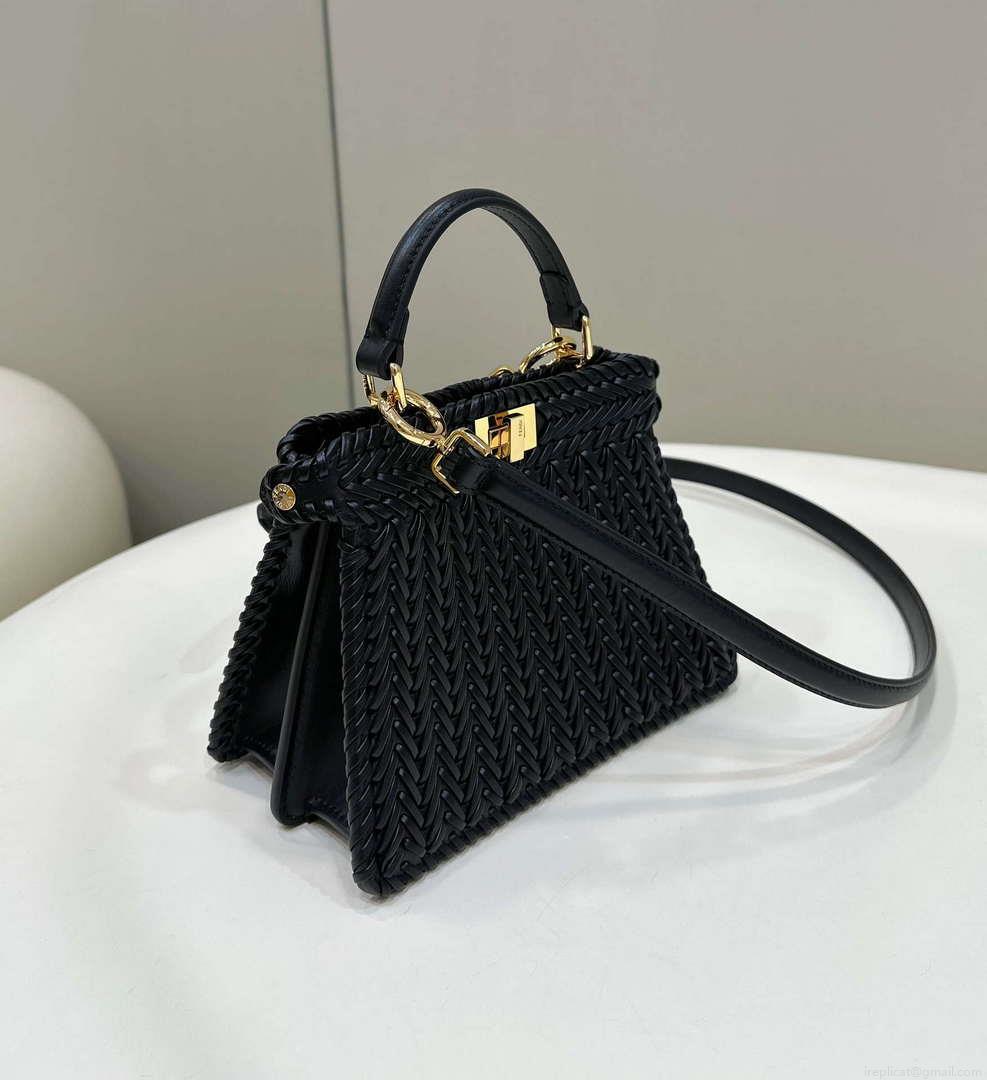 Fendi 8BN335 Peekaboo ISeeU Petite Black interlace leather bag 80138S