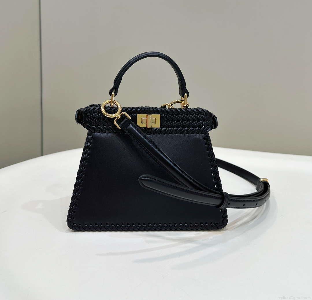 Fendi 8BN335 Peekaboo ISeeU Petite Black interlace leather bag 80138S