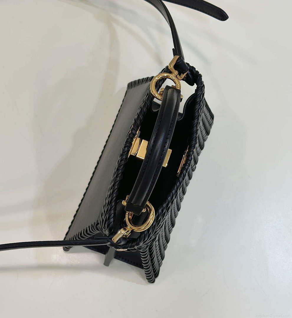 Fendi 8BN335 Peekaboo ISeeU Petite Black interlace leather bag 80138S