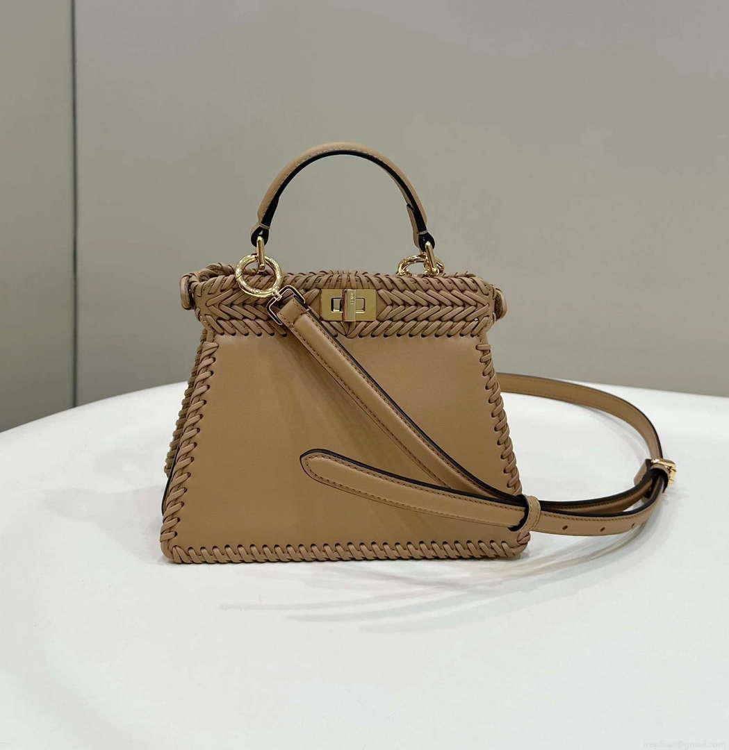 Fendi 8BN335 Peekaboo ISeeU Petite Apricot interlace leather bag 80138S