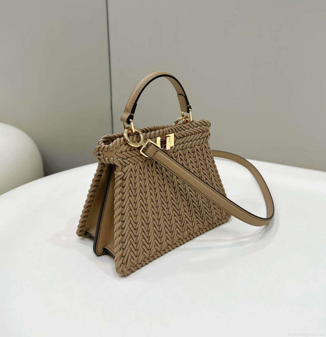 Fendi 8BN335 Peekaboo ISeeU Petite Apricot interlace leather bag 80138S