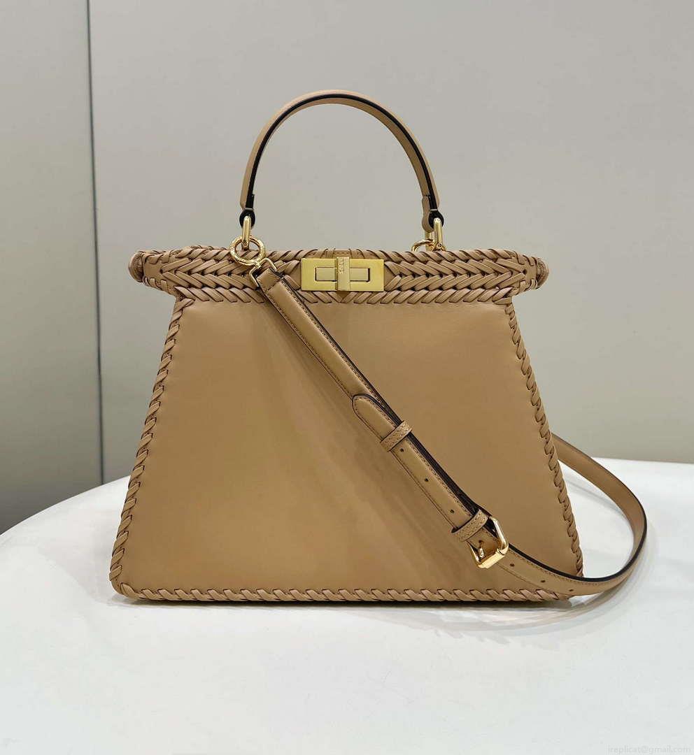 Fendi 8BN321 Peekaboo ISeeU Medium Apricot interlace leather bag 80138L
