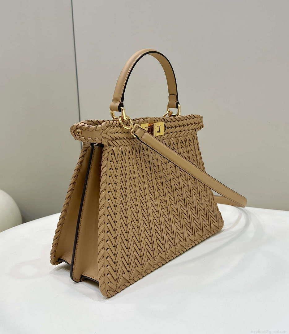 Fendi 8BN321 Peekaboo ISeeU Medium Apricot interlace leather bag 80138L