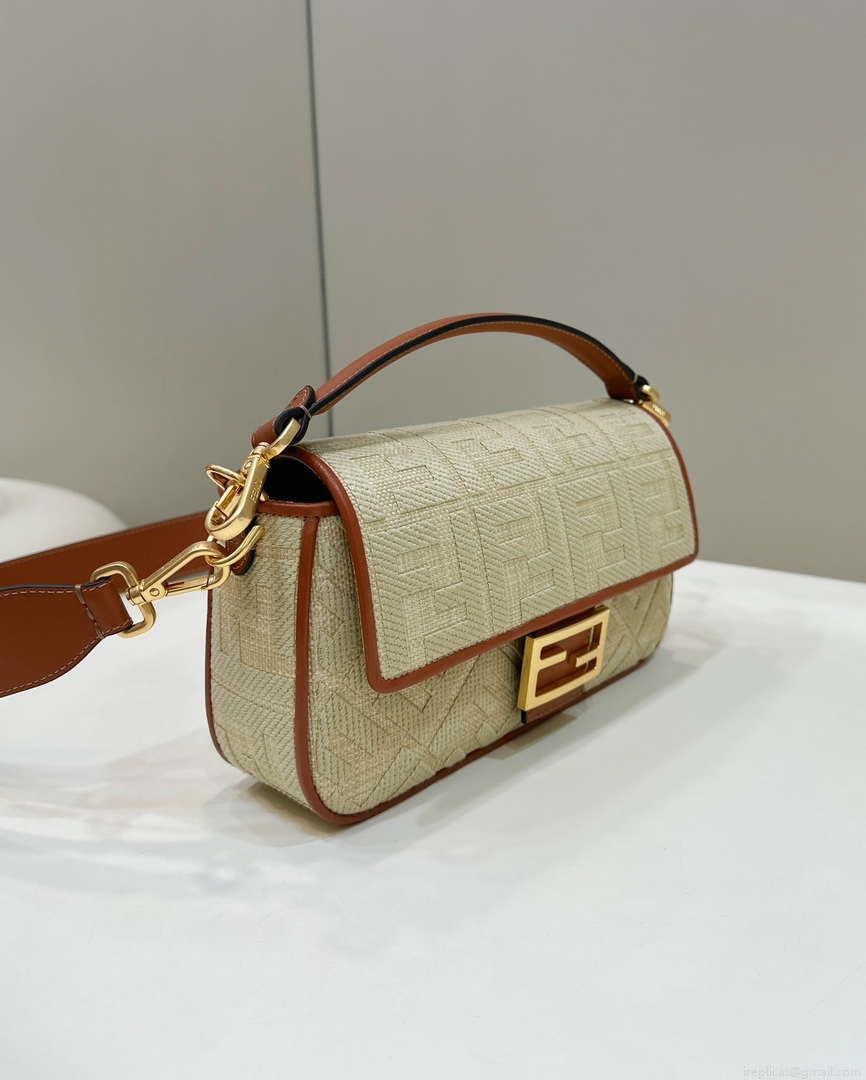 Fendi 8BR600 Baguette Natural straw bag with FF embroidery Beige