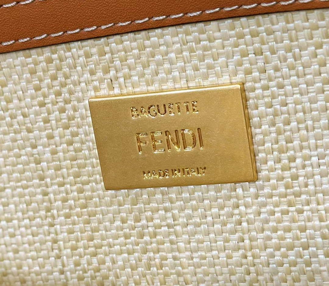 Fendi 8BR600 Baguette Natural straw bag with FF embroidery Beige