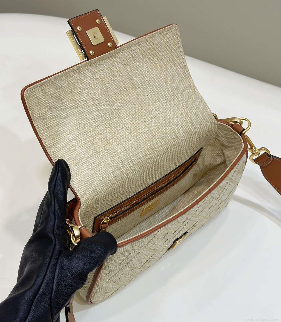 Fendi 8BR600 Baguette Natural straw bag with FF embroidery Beige