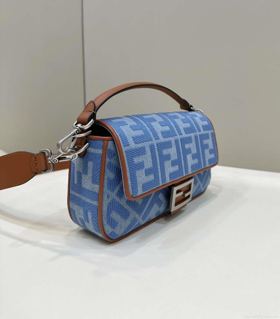 Fendi 8BR600 Baguette Medium Light blue denim bag with FF embroidery