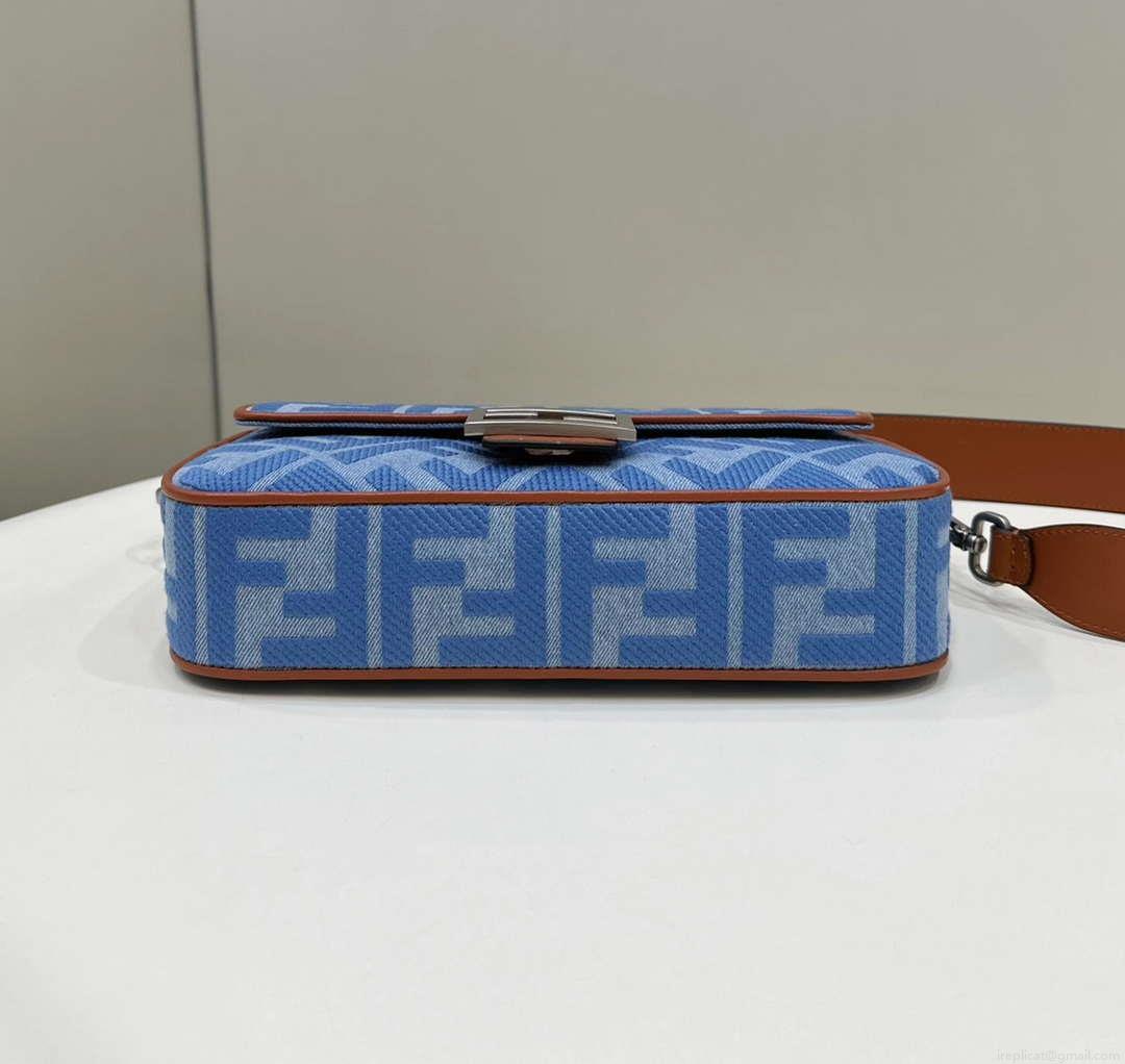 Fendi 8BR600 Baguette Medium Light blue denim bag with FF embroidery