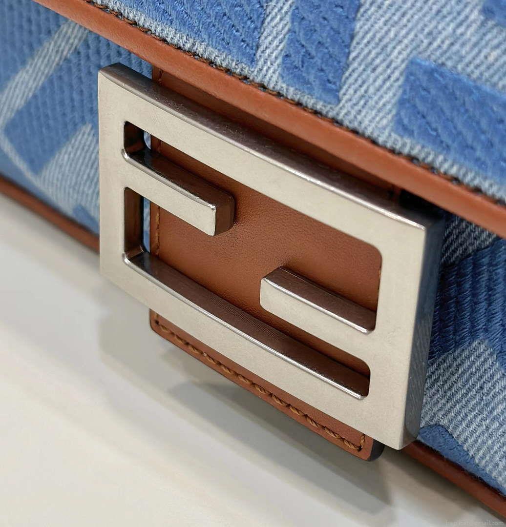 Fendi 8BR600 Baguette Medium Light blue denim bag with FF embroidery