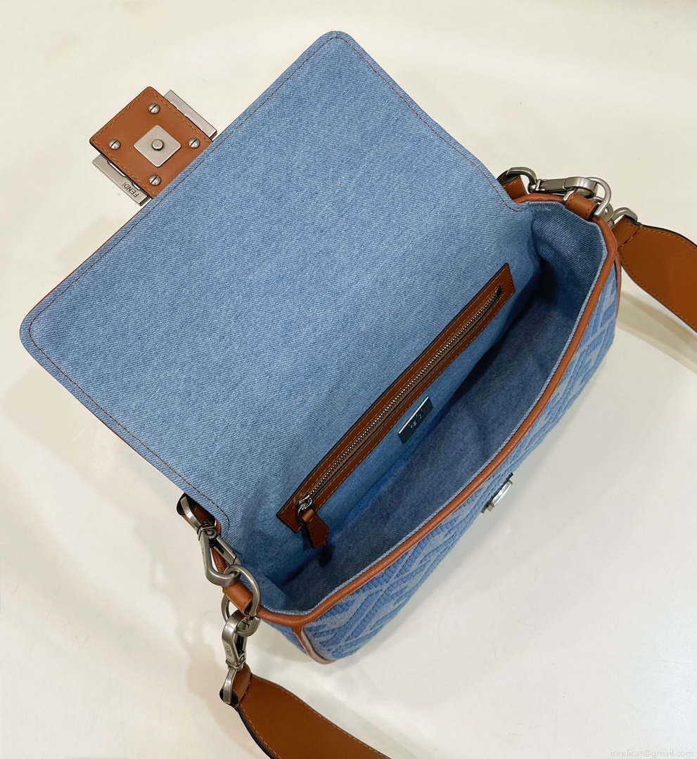 Fendi 8BR600 Baguette Medium Light blue denim bag with FF embroidery