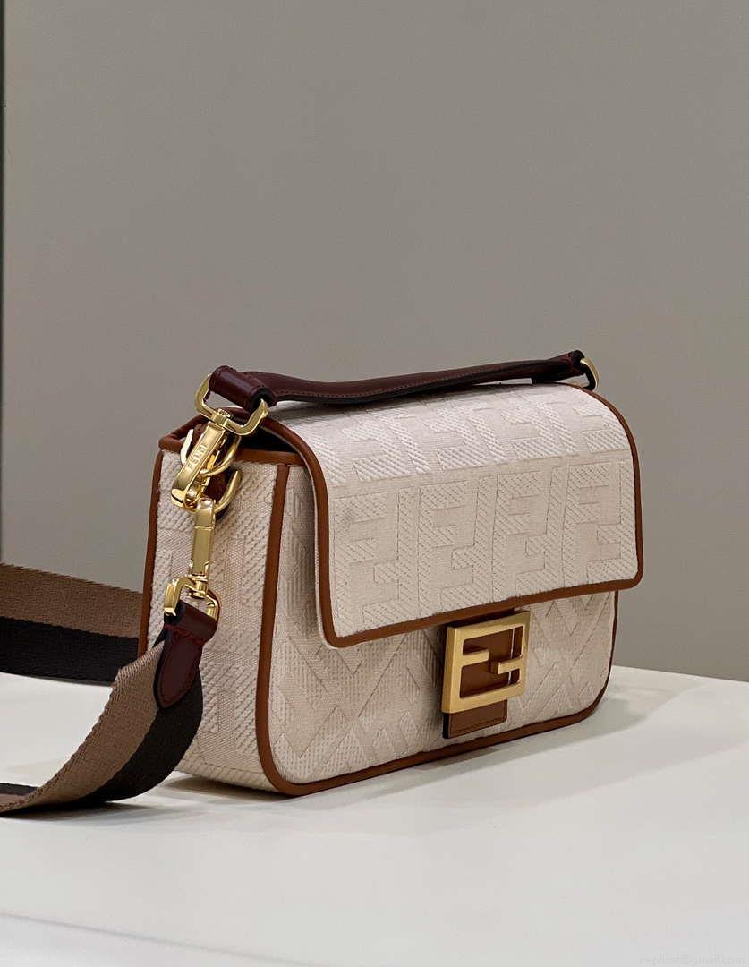 Fendi 8BR600 Baguette Medium bag with FF embroidery Beige 0159A