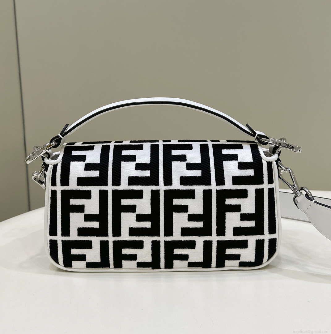 Fendi 8BR600 Baguette Medium bag with FF embroidery 0159AM White and Black