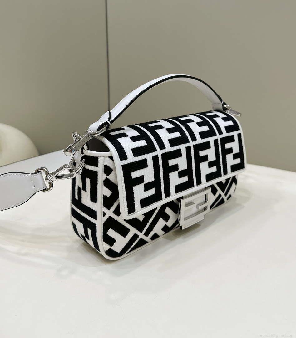 Fendi 8BR600 Baguette Medium bag with FF embroidery 0159AM White and Black