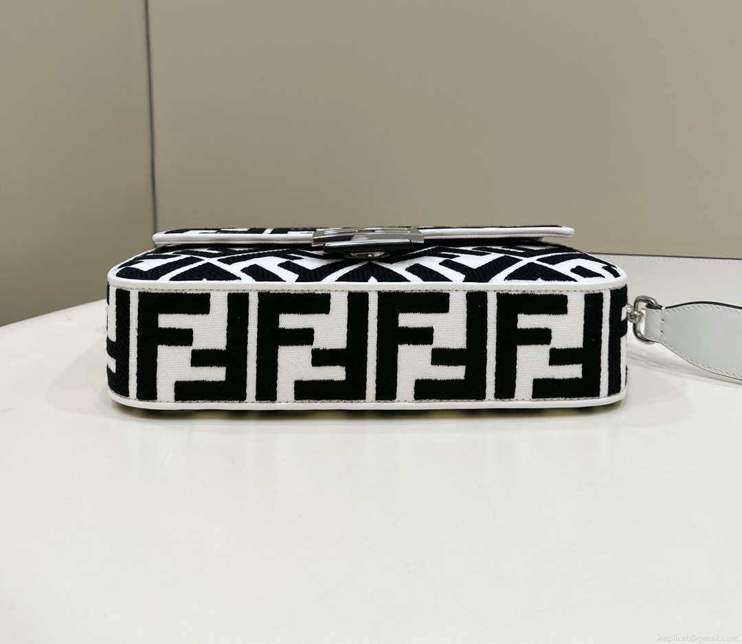 Fendi 8BR600 Baguette Medium bag with FF embroidery 0159AM White and Black