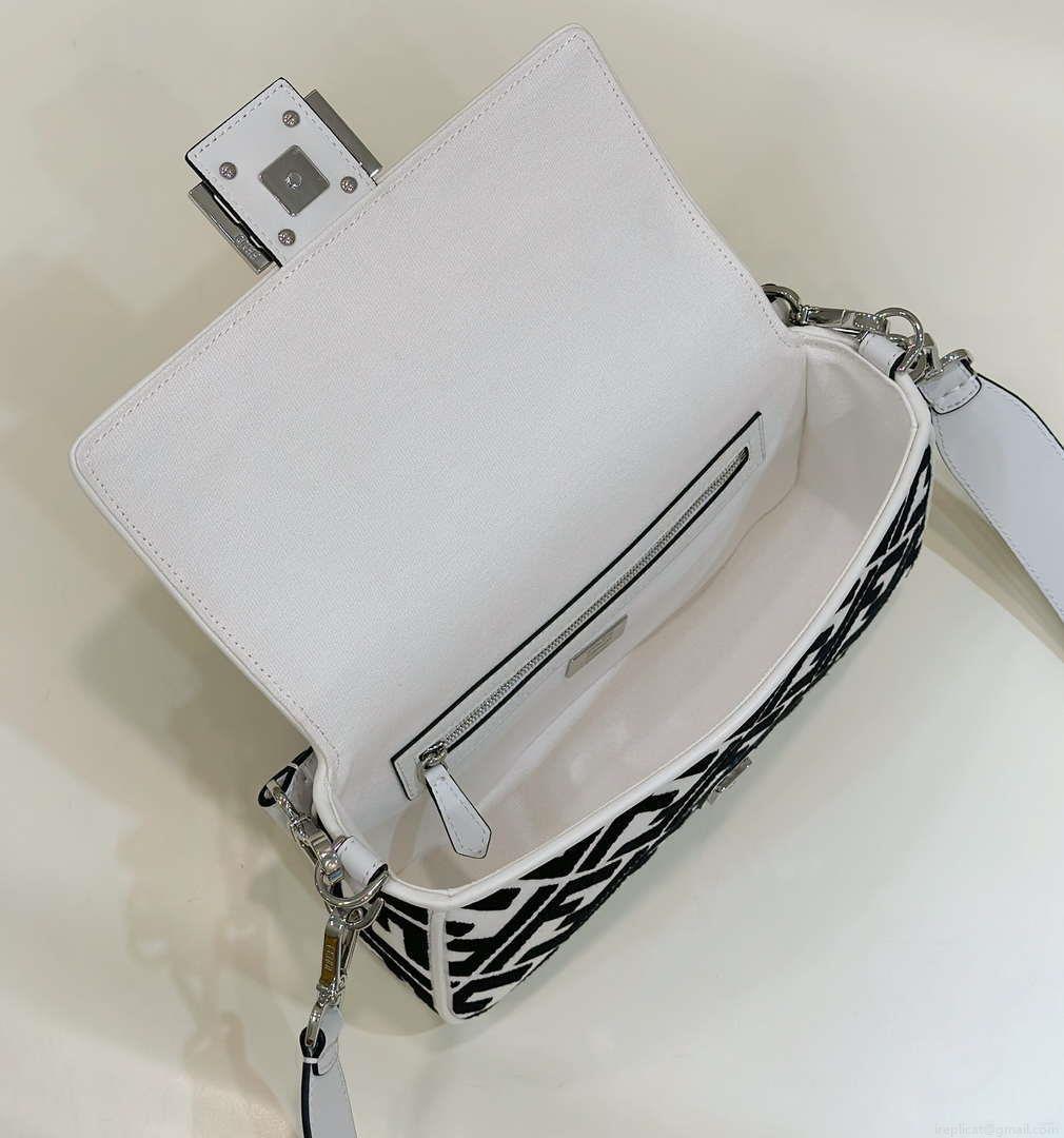 Fendi 8BR600 Baguette Medium bag with FF embroidery 0159AM White and Black
