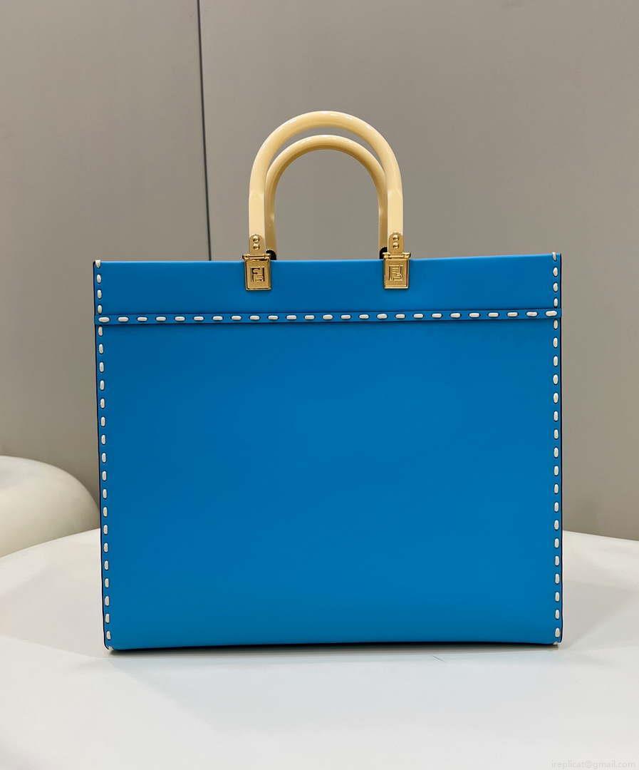 Fendi 8BH386 Sunshine Medium Blue leather shopper bag with contrasting threading 80015