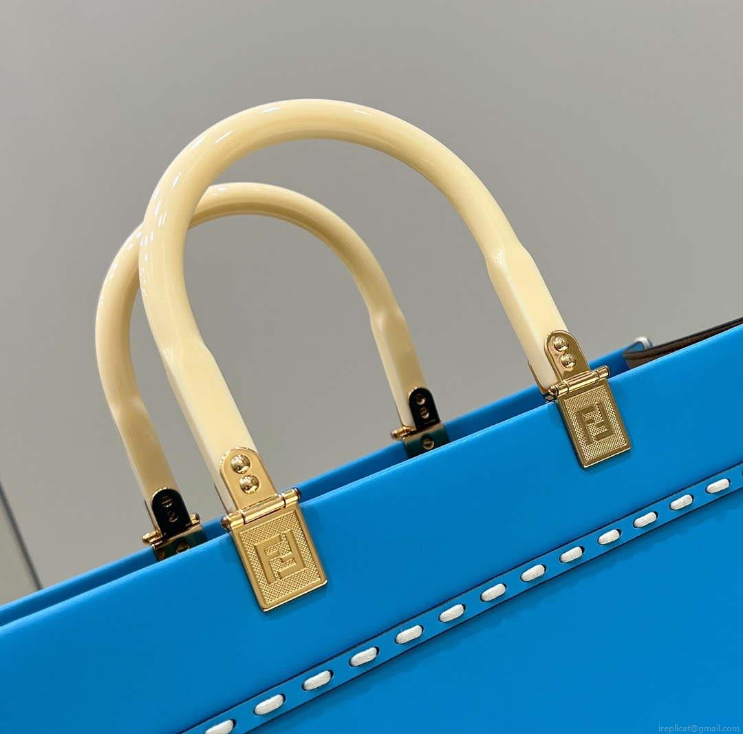 Fendi 8BH386 Sunshine Medium Blue leather shopper bag with contrasting threading 80015