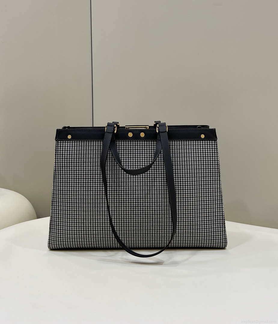 Fendi 8BH374 X-Tote Gray houndstooth wool shopper with FF embroidery